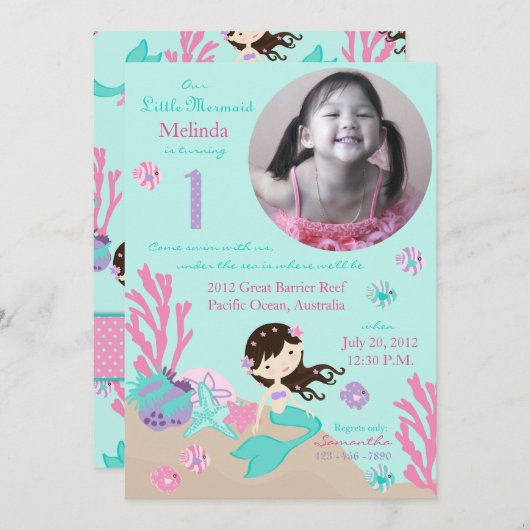 ブルネットマーメイドファースト誕生日 招待状 (正面/裏面)