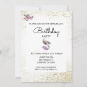 *~*ブルネットマーメイド金ゴールドグリッターヘア誕生日 招待状 (裏面)