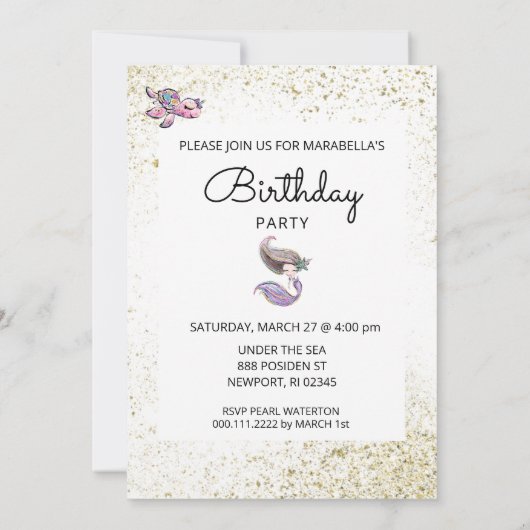 *~*ブルネットマーメイド金ゴールドグリッターヘア誕生日 招待状 (裏面)