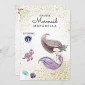 *~*ブルネットマーメイド金ゴールドグリッターヘア誕生日 招待状 (正面/裏面)