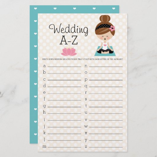 ブルネットヨガ結婚ブライダルシャワーのA-Zゲーム (正面/裏面)