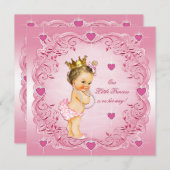ブルネットリトルプリンセスラブハートベビーシャワー 招待状 (正面/裏面)