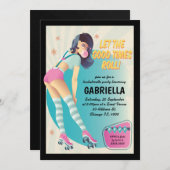 ブルネットレトロローラスケートで滑るバチェロレッテ 招待状 (正面/裏面)