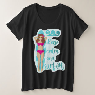 ブルネット保の女の子の上で穏やかにサーフィン プラスサイズTシャツ