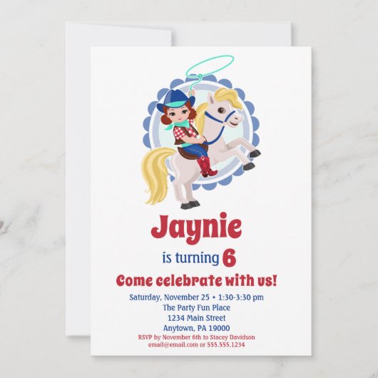 ブルネット女性のカーボーイホースロデオバースデーパーティー 招待状 (正面)