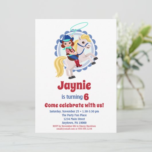 ブルネット女性のカーボーイホースロデオバースデーパーティー 招待状 (スタンド正面)