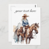 ブルネット女性のカーボーイ水色の馬に乗る ポストカード (正面/裏面)