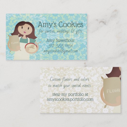 ブルネット女性の粉パン屋のパテシエ 名刺 (正面/裏面)