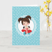 ブルネット映画のナイトガールとポップコーン カード (黄色い花)