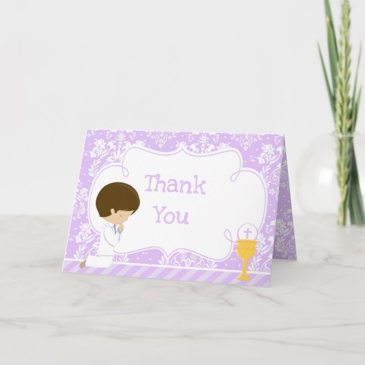 ブルネット男の子の最初のコミュニオンダマスク'ありがとう サンキューカード (正面)