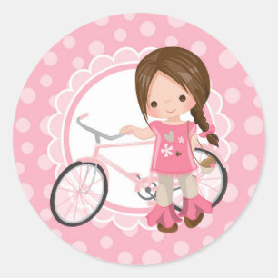 ブルネット自転車ガールピンクホワイト ラウンドシール