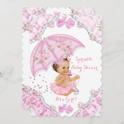 ブルネット赤ちゃんシャワーピンクの傘の女の子花 招待状 (正面/裏面)