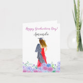 ブルネット髪の少女の水彩卒業 カード (正面)