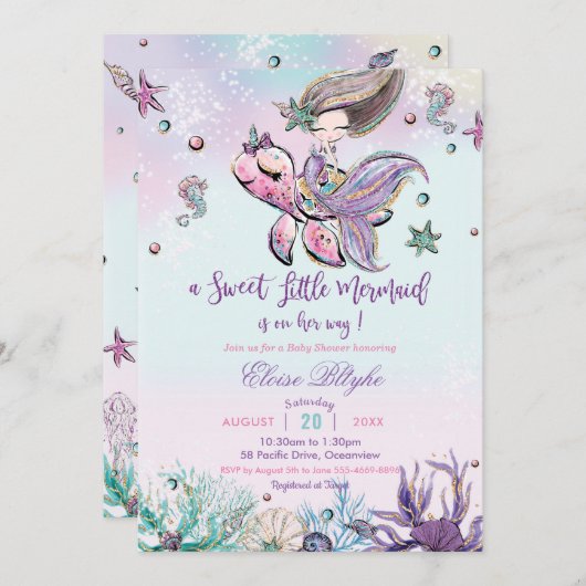 ブルネット·マーメイド·ガール·ベイビー·シャワー·アンダーザ·シー 招待状 (正面/裏面)