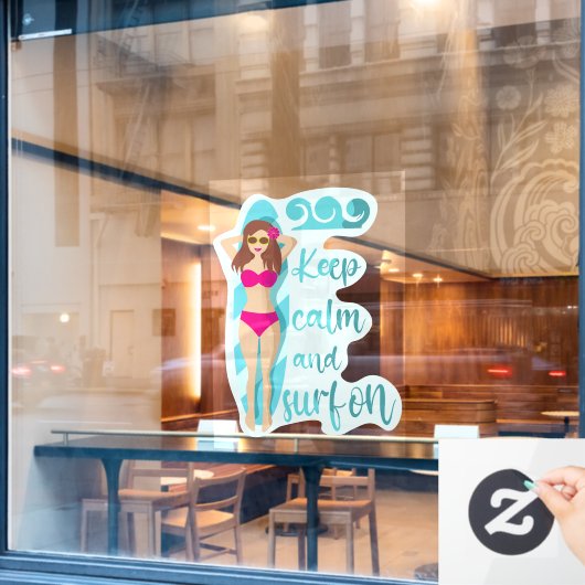 ブルネ保ットの女の子カードに穏やかでサーフ ウィンドウサイン (カフェ窓)