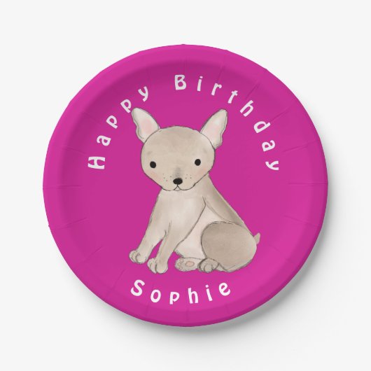 ブルパーソナライズされたドッグフランスのホットピンク紙プレート ペーパープレート (正面)