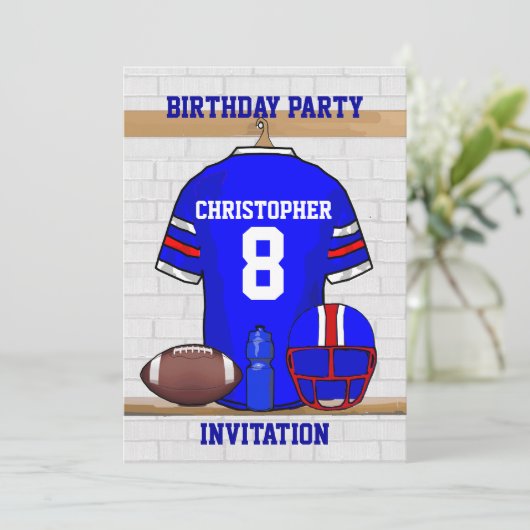 ブルパーソナライズされたーWRフットボールジャージー誕生日 招待状 (スタンド正面)