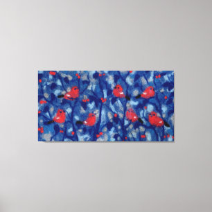 ブルフィンチ、赤い鳥の青い森の木の繊維芸術 キャンバスプリント