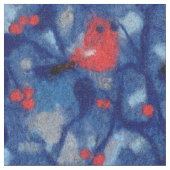 ブルフィンチ、赤い鳥の青い森の木の繊維芸術 ファブリック (クローズアップ)