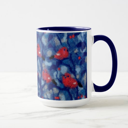 ブルフィンチ、赤い鳥の青い森の木の繊維芸術 マグカップ (右)