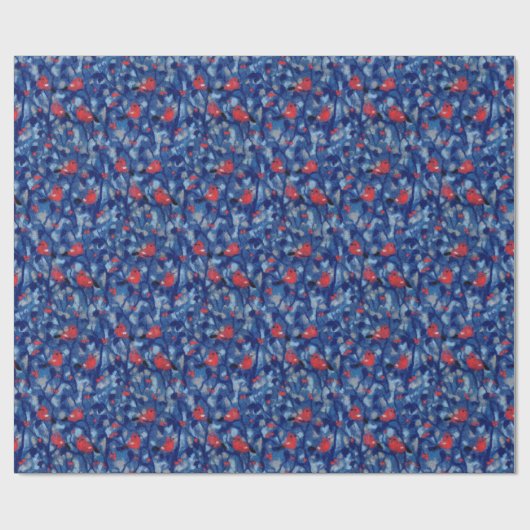 ブルフィンチ、赤い鳥の青い森の木の繊維芸術 ラッピングペーパー (フラット)