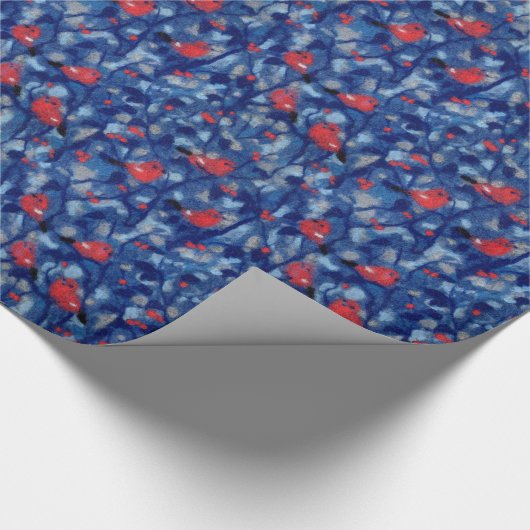 ブルフィンチ、赤い鳥の青い森の木の繊維芸術 ラッピングペーパー (角)