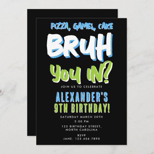 ブルボーイ10代の若者10代のボーブルーグリーン誕生日 招待状 (正面/裏面)