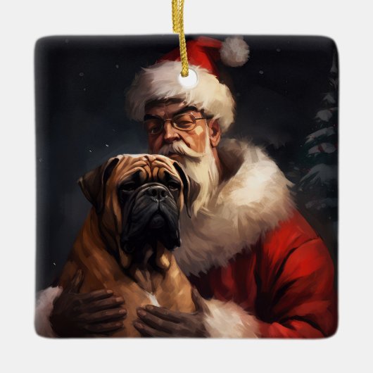 ブルマスティフとサンタクロースフェスティバルクリスマス セラミックオーナメント (正面)
