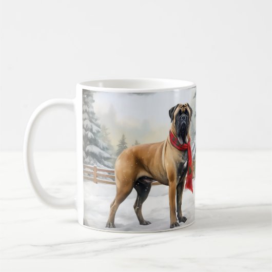 ブルマスティフの犬と雪のクリスマス コーヒーマグカップ (左)