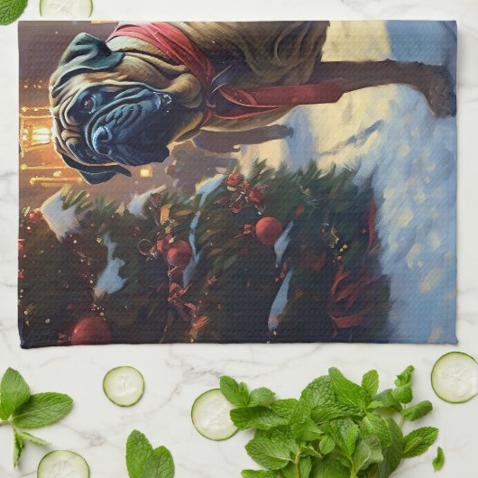 ブルマスティフクリスマスフェスティバルシーズン キッチンタオル (折り畳み)