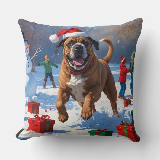 ブルマスティフクリスマスフェスティバル雪景色 クッション (正面)