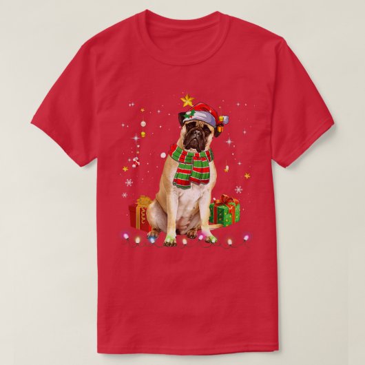 ブルマスティフサンタおもしろいクリスマスツリーライトクリスマス Tシャツ (デザイン正面)