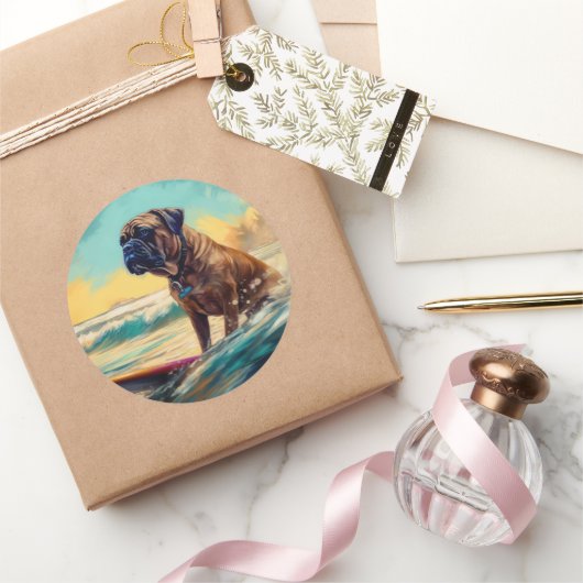 ブルマスティフビーチ絵を描サーフィン ラウンドシール (ギフト)