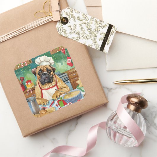 ブルマスティフホリデーベーキング:フェスティバルクリスマス スクエアシール (ギフト)