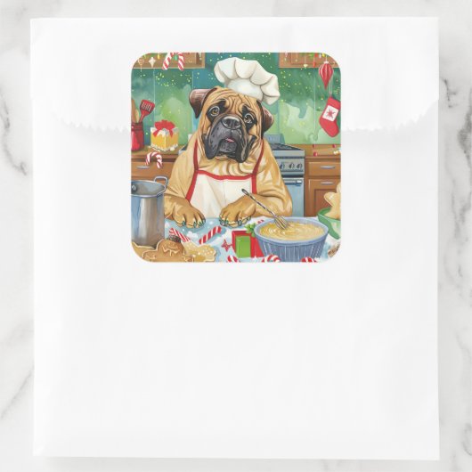 ブルマスティフホリデーベーキング:フェスティバルクリスマス スクエアシール (バッグ)