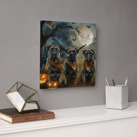 ブルマスティフ不気味ハロウィーン スクエア壁時計 (オフィス)