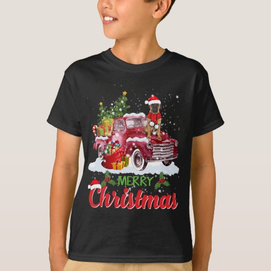 ブルマスティフ乗馬レッドトラックメリークリスマスクリスマス Tシャツ (正面)