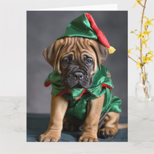 ブルマスティフ小妖精や小人子犬クリスマスカード カード (黄色い花)