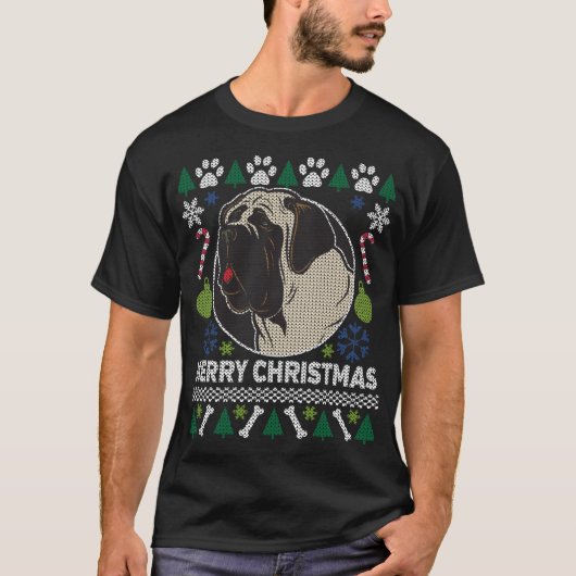 ブルマスティフ犬が醜いクリスマスセーターを育てる Tシャツ (正面)