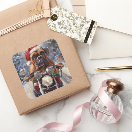 ブルマスティフ犬オートバイのクリスマスに乗る スクエアシール (ギフト)