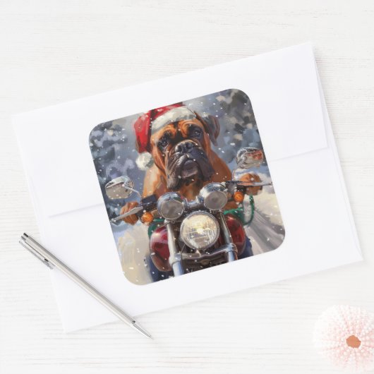 ブルマスティフ犬オートバイのクリスマスに乗る スクエアシール (封筒)