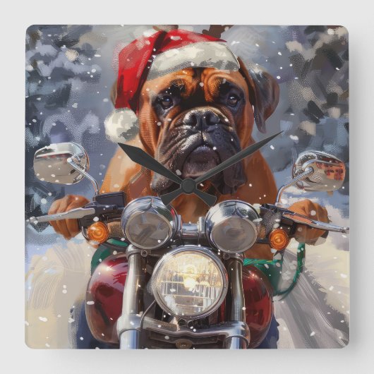 ブルマスティフ犬オートバイのクリスマスに乗る スクエア壁時計 (正面)
