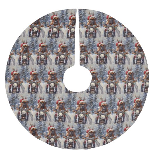 ブルマスティフ犬オートバイのクリスマスに乗る ブラッシュドポリエステルツリースカート (正面)