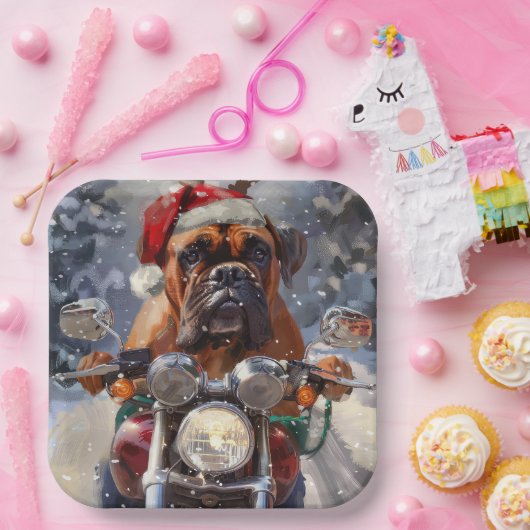 ブルマスティフ犬オートバイのクリスマスに乗る ペーパープレート (パーティー)