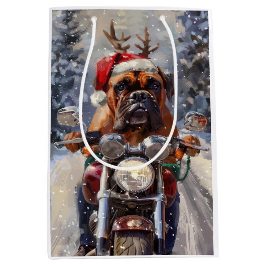 ブルマスティフ犬オートバイのクリスマスに乗る ミディアムペーパーバッグ (正面)
