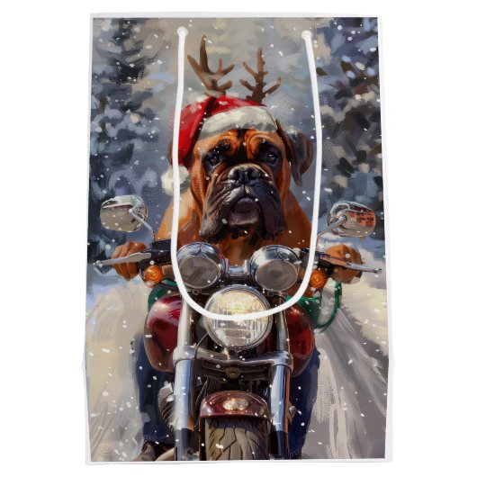ブルマスティフ犬オートバイのクリスマスに乗る ミディアムペーパーバッグ (裏面)