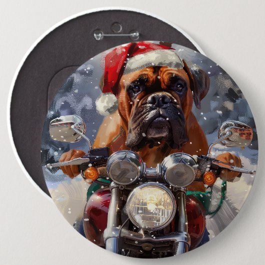 ブルマスティフ犬オートバイのクリスマスに乗る 缶バッジ (正面&裏面)