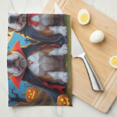 ブルマスティフ犬カボチャおもしろいハロウィーン キッチンタオル (四つ折り)