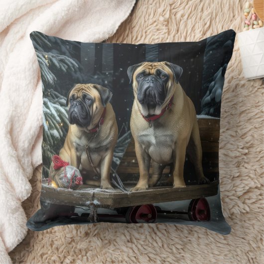 ブルマスティフ雪そりクリスマスデコール クッション (ブランケット)