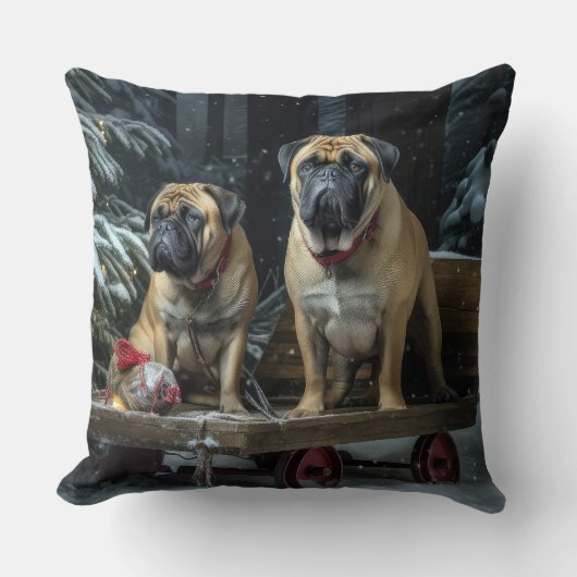 ブルマスティフ雪そりクリスマスデコール クッション (正面)